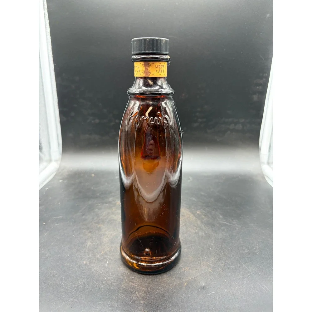 Vintage Kahlua Mexico Amber Glass Bottle Red Ribbon Faux Wax Seal Collectible